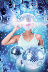 A stylish woman wearing a tank top have a large disco ball in replaced her face, surrounded by multiple shiny disco balls against a blue backdrop, creating a vibrant and festive party atmosphere.