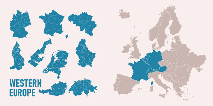 Western Europe map. Germany, Netherland, Belgium, Luxemburg, Austria, Switzerland, France, Monaco, Lieehtenstein maps with regions. Europe map isolated on white background. High detailed.