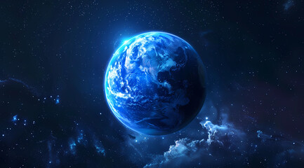 A blue glowing earth in space