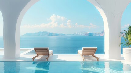 vacation, couple on the beach near swimming pool, luxury travel. Traditional mediterranean white architecture with arch sunshine. Summer vacation concept.Happy viewpoint and enjoys