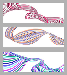 Wavy lines or ribbons. Set of 3 backgrounds. Multicolored striped gradient. Creative unusual background with abstract gradient wave lines to create a trendy banner, poster. vector eps