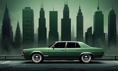 This image captures a green vintage sedan, its polished bodywork reflecting the stylized urban environment around it. It epitomizes the grace of classic car design.