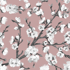 Botanical black and white seamless pattern with sakura cherry branch drawn