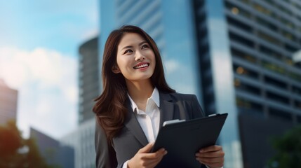 A woman in a business suit holding a tablet