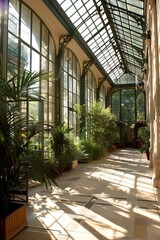 Fototapeta premium Glass greenhouse for gardening, homegrown produce, and country living. Greenhouse stands amidst lush greenery, surrounded by a serene landscape, evoking the tranquility and beauty of rural life. 