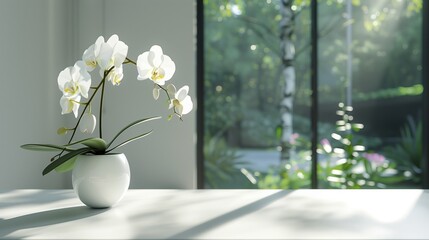 A minimalist office with a single, elegant orchid on a sleek white desk and a large window overlooking a garden.