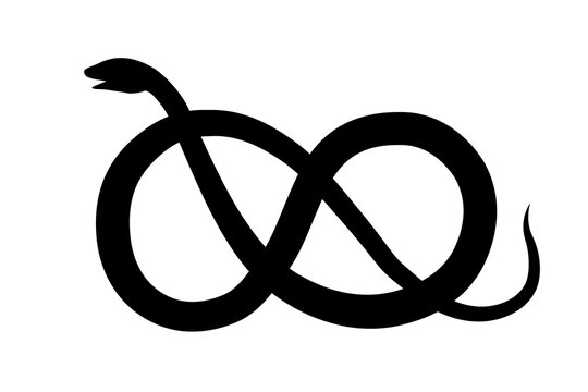 Simple illustration of snake with vertical infinity sign body, ouroboros. Symbol, sign, black, icon, silhouette, tattoo.