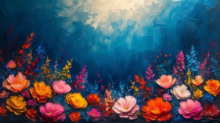Fototapeta na wymiar A vibrant abstract painting captures the essence of a blooming flower garden against a backdrop of deep blue, evoking a sense of growth and vitality