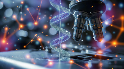 Genetic engineering concept. Microscope and holographic dna spiral in abstract laboratory - obrazy, fototapety, plakaty