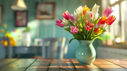 A vase overflowing with colorful tulips on a dining table.