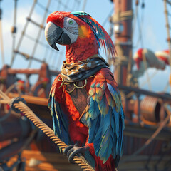 Parrot pirate navigating a ship, vibrant 3D,