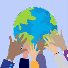Hands on the planet, diverse groups of people's hands holding the Earth