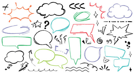 Set of hand drawn pencil speech bubbles, emphasis, punctuation marks, underline, arrow, highlight text elements. Color charcoal doodle check mark, explosion balloon, pencil stroke, swoop line icon. - Powered by Adobe