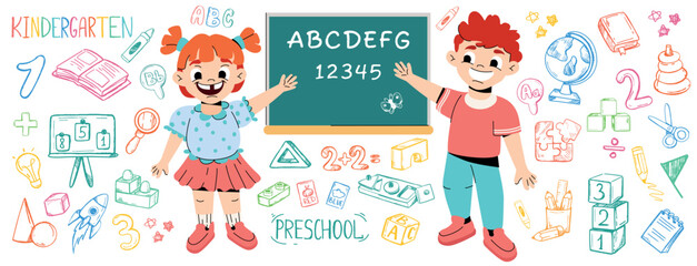Cartoon happy kids by blackboard learning math and alphabet in preschool. Back to school doodle color set of elements. Funny children play in kindergarten with toys. Line hand drawing education icons.