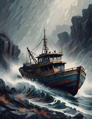 Obraz premium Transportation Amidst Storm, Ship Battling Massive Waves, Overcast Sky, Generative AI