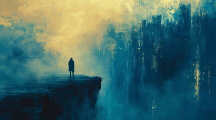 A solitary figure stands on the edge of a cliff, overlooking a misty abyss, in this moody and contemplative abstract landscape painting - obrazy, fototapety, plakaty