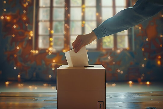 Brief description: A hand throwing a ballot into a ballot box against the backdrop of a light interior. Concept: Close-up of the election process. political voters