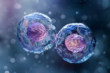 Naklejka premium Cellular Mitosis: A Single Cell Divides into Two Identical Daughter Cells with Equal Division of Nuclei and Cytoplasm. Concept Biology, Cell Division, Mitosis, Nuclei Division, Cytoplasm Division