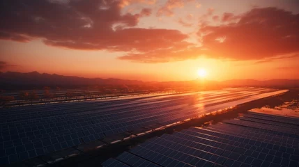 Muurstickers A field of solar panels with the sun setting in the background © Exnoi