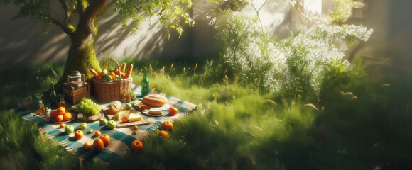 Banner romantisches natürliches Land Leben Liebe Essen Picknick in der freien Natur auf Wiese voller Blüten auf Decke im Gras mit Früchten Brot Wein Korb voller Lebensmittel Bäume warm sommerlich 
