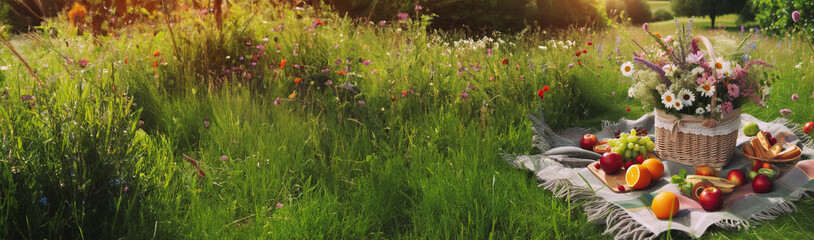Banner romantisches natürliches Land Leben Liebe Essen Picknick in der freien Natur auf Wiese voller Blüten auf Decke im Gras mit Früchten Brot Wein Korb voller Lebensmittel Bäume warm sommerlich  - obrazy, fototapety, plakaty