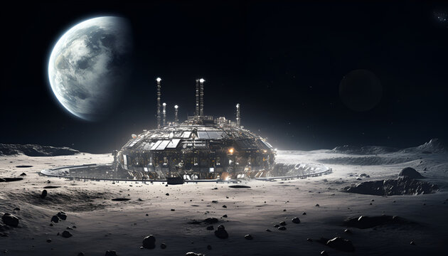space base on uninhabited planet and close to the moon A spacecraft lands on the surface of the moon
