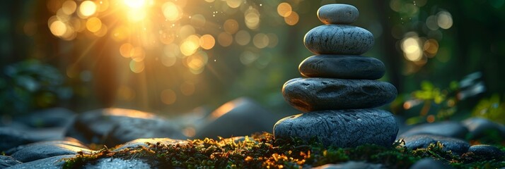 Amidst sunlight, balanced stones create a tranquil tower, symbolizing stability, spiritual wellness, and natural harmony.