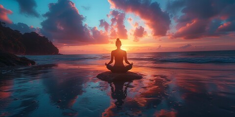 A silhouette of a woman practices yoga on the sandy beach at sunset, embracing relaxation and tranquility. - obrazy, fototapety, plakaty
