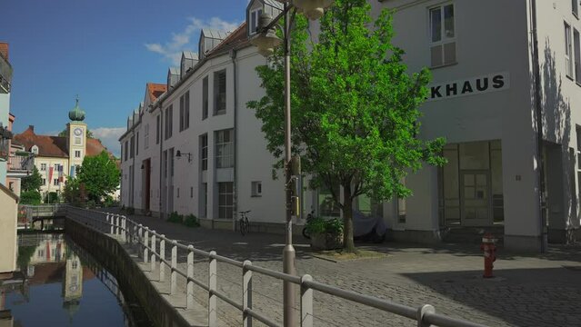 Old historic town Freising and their canals on the River Isar in Bavaria, Germany. Freising is city in Deutschland, regional center, located in Bayern. Water canals in an ancient Eupropean city. 