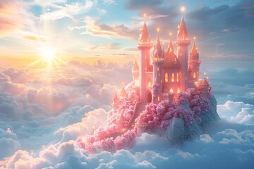 In a fairy tale, a pink castle rises against the background of a blue sky and fluffy clouds, illuminated by the rays of the sun. - obrazy, fototapety, plakaty