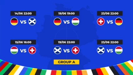Stoff pro Meter Match schedule. Group A of the European football tournament in Germany 2024! Group stage of European soccer competitions in Germany. © angelmaxmixam