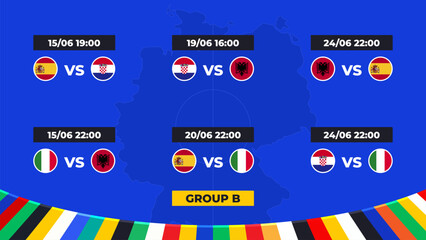 Match schedule. Group B of the European football tournament in Germany 2024! Group stage of European soccer competitions in Germany. - obrazy, fototapety, plakaty