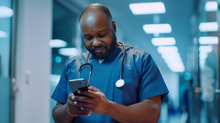 Black male nurse taking a break and checking his mobile phone - obrazy, fototapety, plakaty