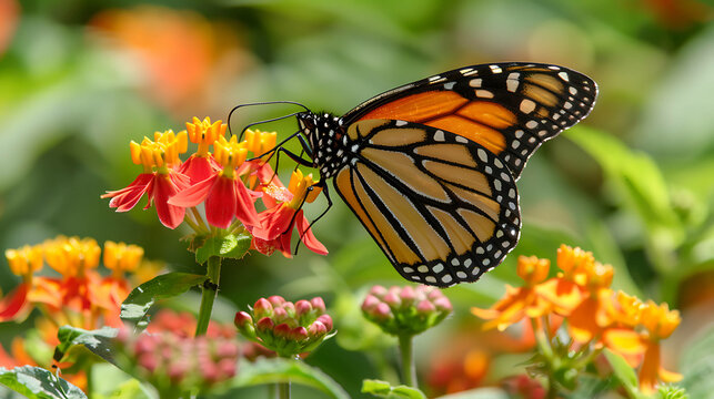 Monarch butterfly on a milkweed flower. The butterfly is orange, black, and white. The flower is red, orange, and yellow.