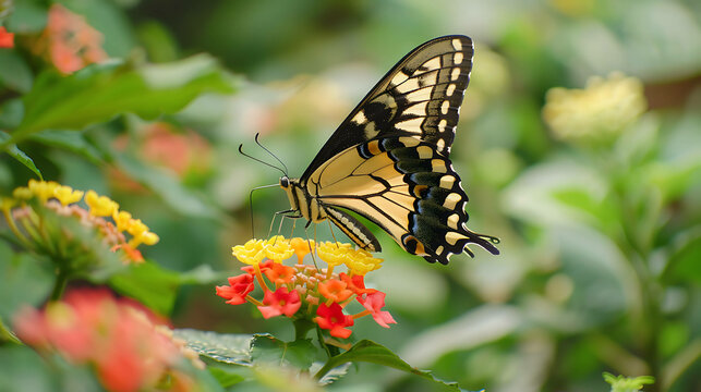 A beautiful butterfly with yellow and black wings is perched on a flower. The butterfly is surrounded by green leaves and the flower is in focus.
