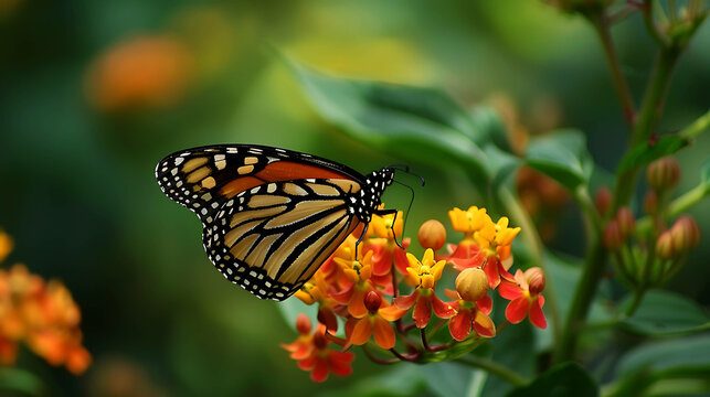 A monarch butterfly is perched on a milkweed plant. The butterfly is black, orange, and white. The milkweed plant has orange and yellow flowers.
