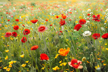 Fototapeta premium illustration natural colorful summer meadow with many flowers