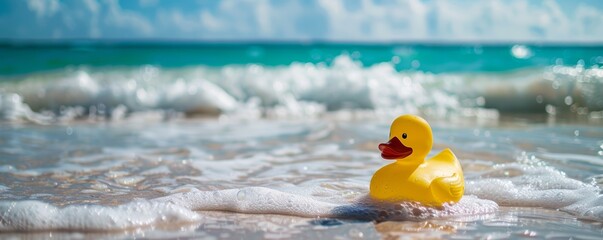 Yellow rubber duck on a sandy beach with sea foam. Summer holidays and beach vacation concept.