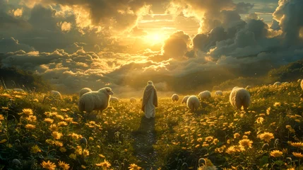 Outdoor kussens Beautiful landscape with sheep © senadesign