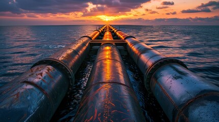 Sunset view of pipelines extending into the ocean. Industrial infrastructure and energy concept