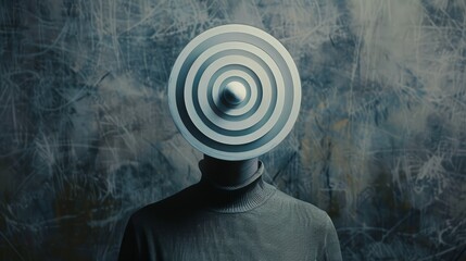Person with spiral illusion headpiece against scratched metal background. Conceptual studio portrait