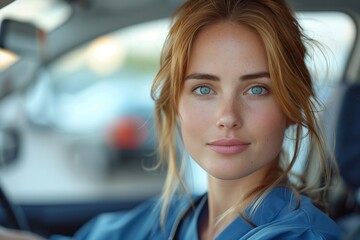 Fototapeta premium a woman is sitting in the driver s seat of a car and looking at the camera