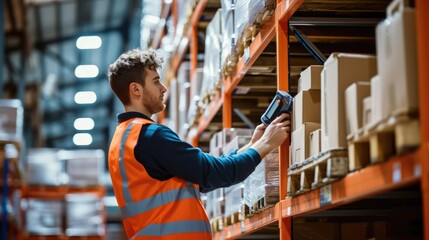 Focused logistics specialist with protective eyewear scans barcodes on packages in a well-organized warehouse. AIG41