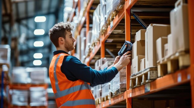 Focused logistics specialist with protective eyewear scans barcodes on packages in a well-organized warehouse. AIG41