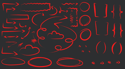 A large set of decorative elements for notes, highlighting and underlining. Hand arrows, strokes, frames, ovals