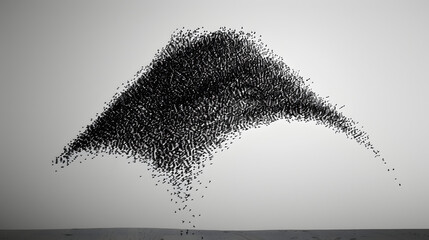 black and white photo of a clear sky, funneling of bird murmuration,