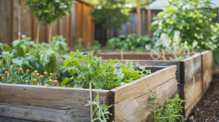 Vegetable bed (wooden box) in garden with salad