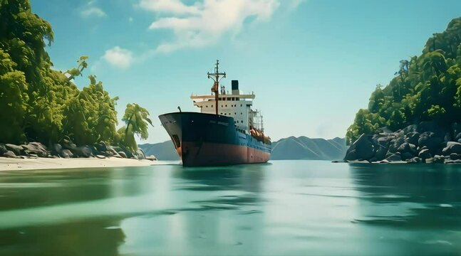 A  cargo ship anchored in a serene bay with crystal-clear waters.