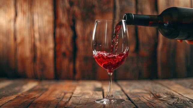 Red wine pouring into glass against rustic barrel backdrop. High contrast studio photography with rich color details.