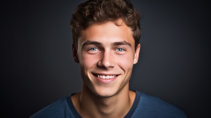 Fototapeta premium A young man with a blue shirt is smiling and looking at the camera